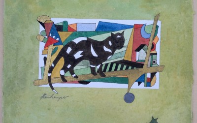 032-Schwarze Katze mit weißen Flecken - Aquarell